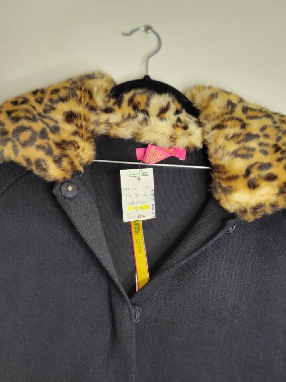 Relaxed Elegant Black Coat Jacket Faux Fur Leopard Print Collar Women Size L - Picture 4 of 13